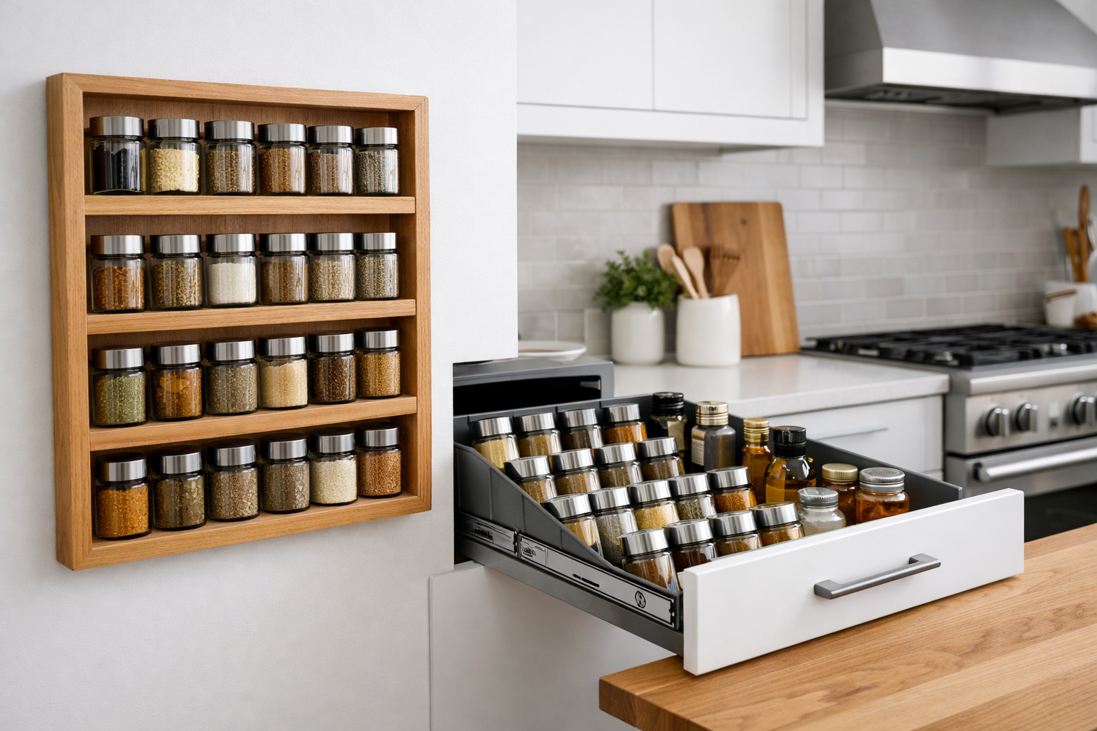 Spice Racks That Sell: Wall-Mounted and Pull-Out Designs with Adjustable Dividers for Modern Kitchens