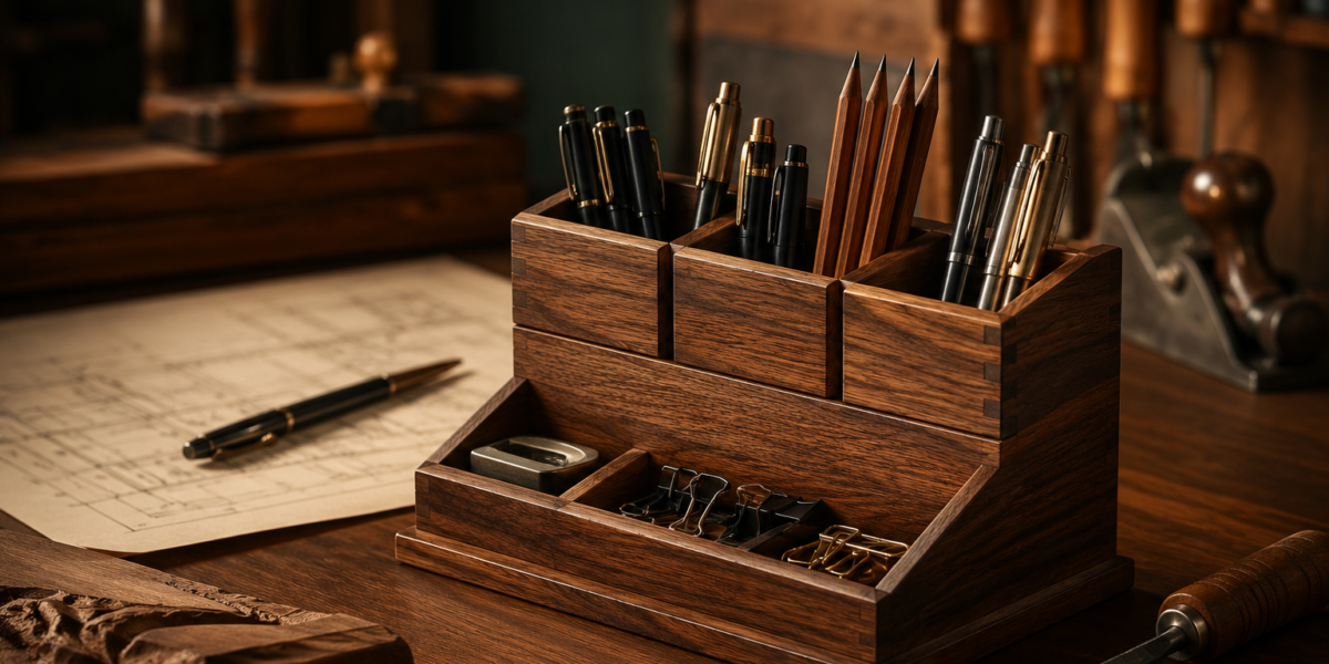 Wooden Pen and Pencil Holders: Desk Organizers with Segmented Compartments