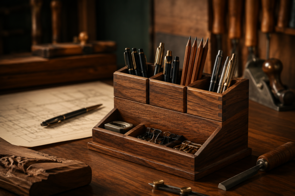 Wooden Pen and Pencil Holders: Desk Organizers with Segmented Compartments