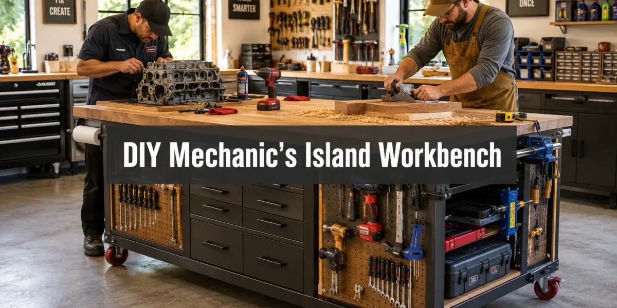 DIY Mechanic’s Island Workbench: Heavy-Duty Workshop Furniture for Tool Storage and Assembly