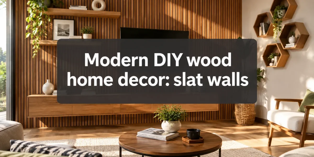 Modern DIY wood home decor: slat walls, floating and hexagon shelves