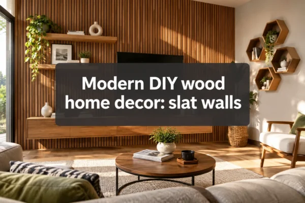 Modern DIY wood home decor: slat walls, floating and hexagon shelves